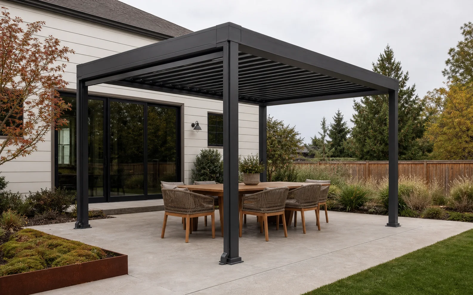 Representative freestanding aluminum louvered pergola anchored to a residential concrete patio